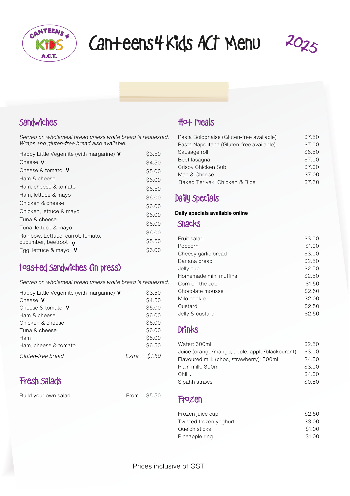 Primary Hub Menu 2025